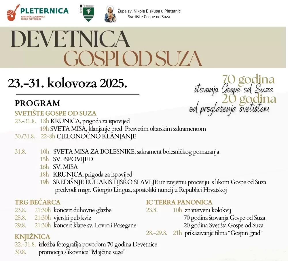 Pleternica u znaku Devetnice Gospi od Suza: 70 godina štovanja i 20 godina od proglašenja svetištem